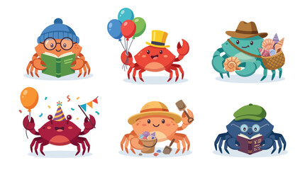 Cute cartoon crabs reading books celebrating and playing at beach © love