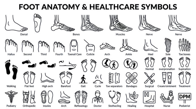 Human foot anatomy and podiatry healthcare symbols collection