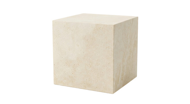 Single Paras Jogja limestone block isolated on transparent background, clean cut cream colored natural stone cube cutout for architectural landscape material design asset.
