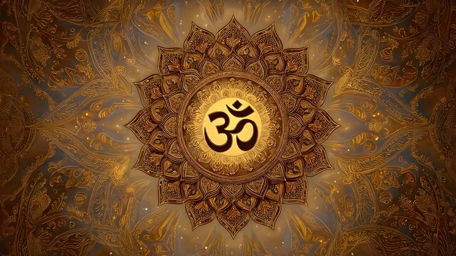 Golden Om symbol with intricate mandala lotus art for spiritual design