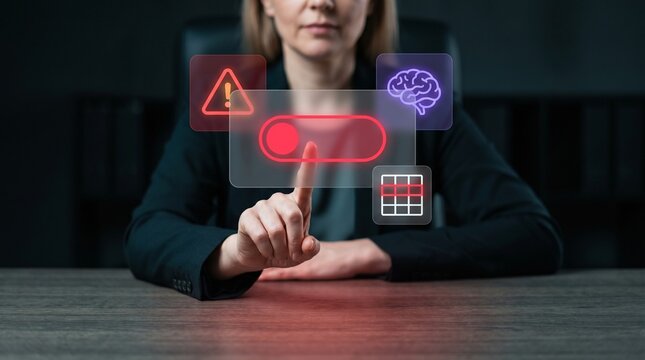Businesswoman Touches Glowing Toggle to Display System Warning, Show Warning Triangle Alert, Connect Neural Brain, Activate Switch Control, and Monitor Digital Security Risk