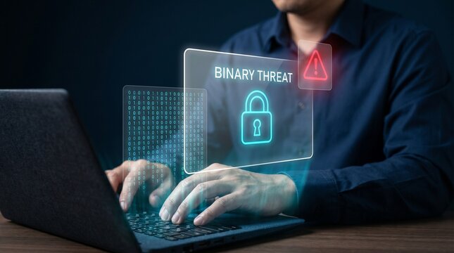 Businessman Types on Laptop at Dark Desk to Display Binary Threat, Show Security Padlock Icon, Trigger Warning Triangle, Connect Code Stream, and Protect Cyber Data Network