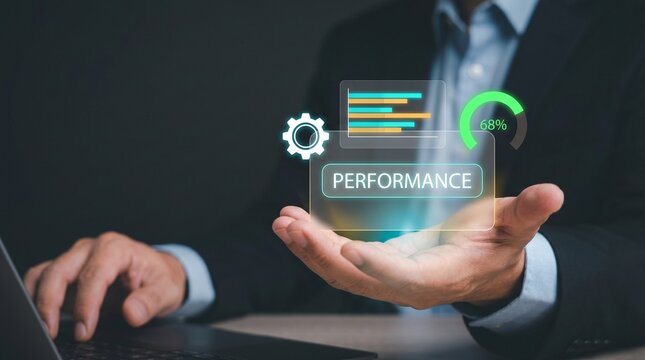 Businessman Extends Open Palm to Present Business Dashboard, Display Bar Chart Icon, Configure Settings Gear, Track Percentage Ring, and Analyze Data Metrics Report