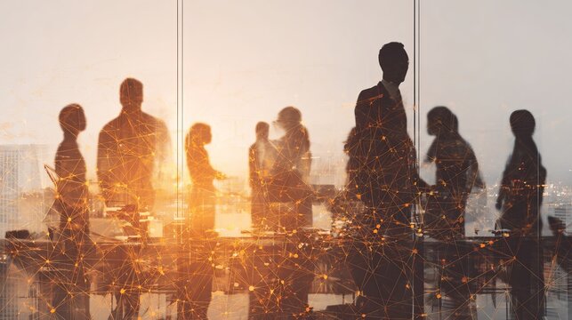 Silhouette of business professionals collaborating in modern office with double exposure network connection and teamwork partnership concept
