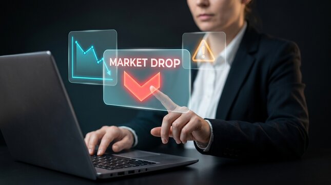 Businesswoman Types on Laptop and Touches Panel to Display Market Drop, Show Declining Line Chart, Track Down Arrow Trend, Trigger Warning Alert, and Analyze Financial Loss Data