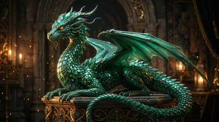 Obraz premium Dragon Sculpture with Emerald Scales in Luxury Fantasy Hall Lighting for Mythic Decor