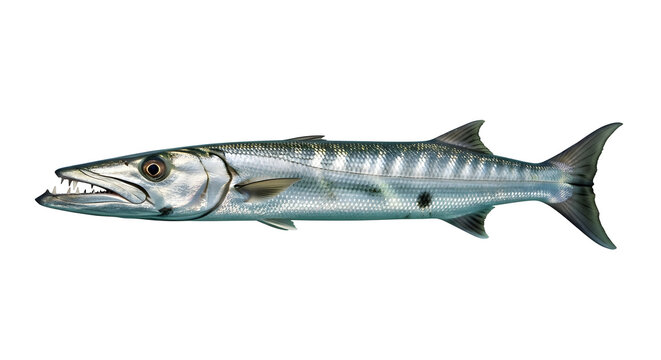 A detailed illustration of a large silver fish with sharp teeth swims in the ocean water.