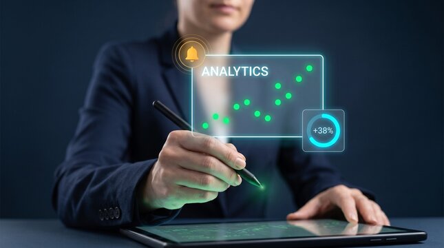 Businesswoman Writes with Stylus Pen on Tablet to Track Analytics, Display Scatter Plot Chart, Trigger Notification Bell, Show Percentage Ring, and Analyze Business Growth Data