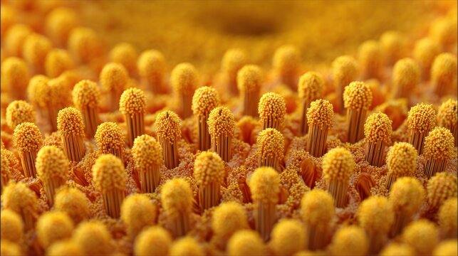 Extreme  reveals textured, granular surfaces of numerous yellow botanical structures
