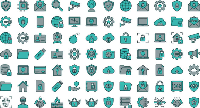 Business concept icons set showing connectivity, budget, intelligence, and balance