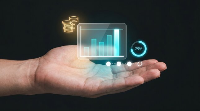 Businessman Extends Open Palm to Present Financial Growth, Display Rising Bar Chart, Show Finance Coins, Track Percentage Ring, and Analyze Business Investment Progress Data