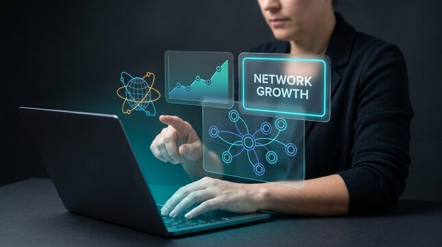 Businesswoman Types on Laptop and Touches Panel to Track Network Growth, Display Rising Line Chart, Connect Orbit Globe, Map Node Cluster, and Analyze Business Data Trend