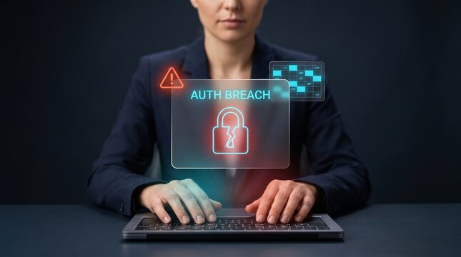 Businesswoman Types on Laptop at Dark Desk to Display Authentication Breach, Show Unlocked Padlock Icon, Trigger Warning Triangle, Connect Code Grid, and Protect Cyber Security