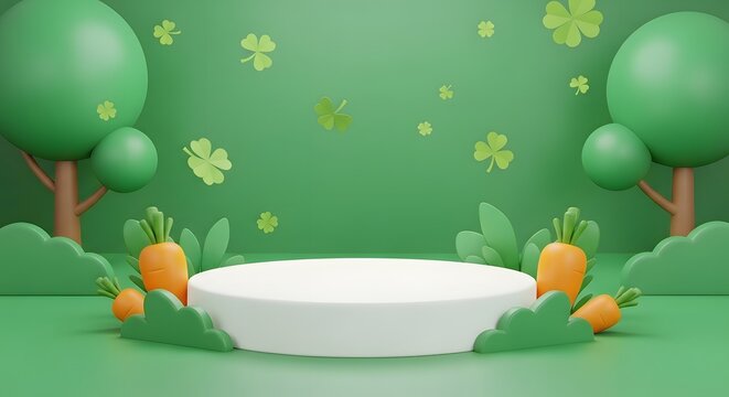Cute 3d podium display with carrots and clover leaves for easter or spring theme