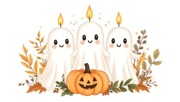 A digital illustration of three smiling ghosts with rosy cheeks and candle flames on their heads, standing behind a jack-o'-lantern surrounded by autumn leaves