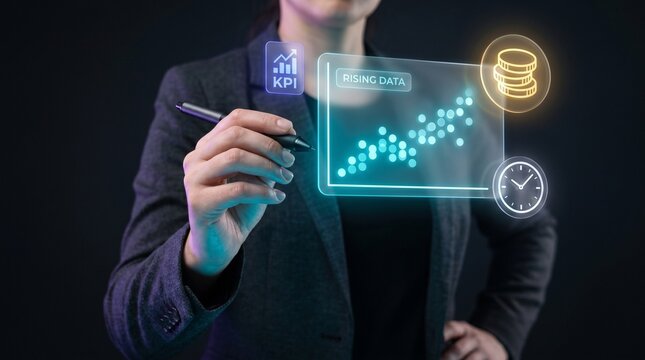 Businesswoman Writes with Stylus Pen to Track Rising Data, Display Scatter Plot Chart, Show KPI Badge, Connect Finance Coins, and Monitor Time Clock Business Analytics