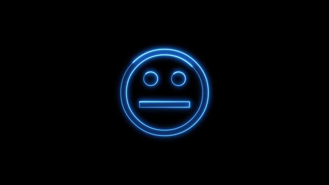 A blue neon neutral face emoji glowing on black background loop footage.