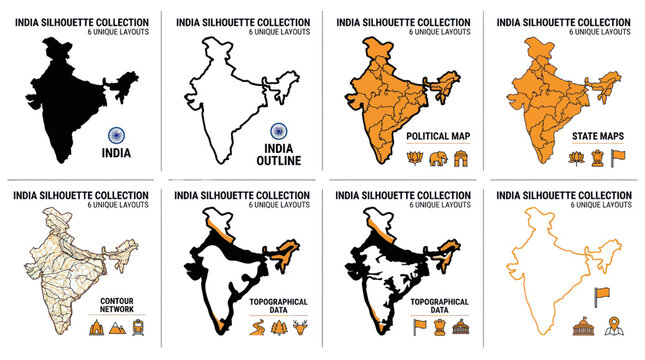 India Silhouette Collection: Maps, Outlines, Political, Topographical, and Network Data