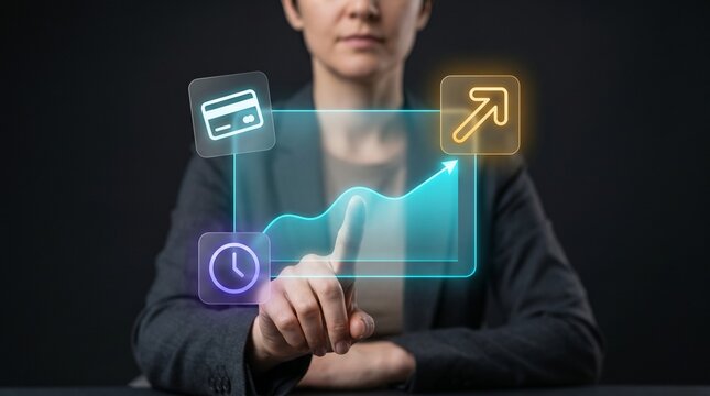 Businesswoman Touches Glowing Panel to Track Sales Analytics, Display Rising Line Chart, Show Payment Card Icon, Monitor Time Clock, and Track Arrow Growth Trend