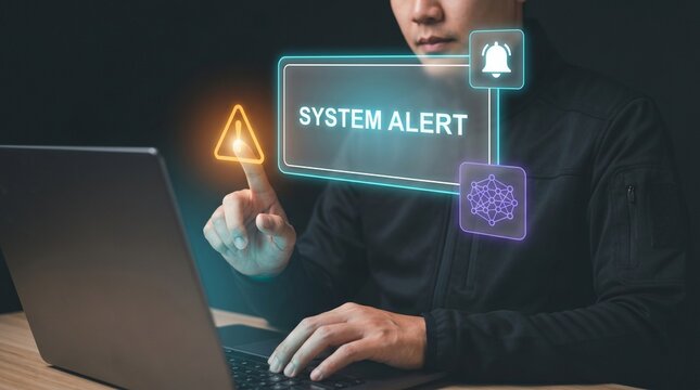 Businessman Types on Laptop and Touches Panel to Display System Alert, Trigger Warning Triangle, Show Notification Bell, Connect Network Node, and Monitor Digital Risk Status