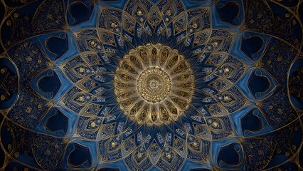 Obraz premium Golden ornamental mandala pattern on blue background for spiritual decor
