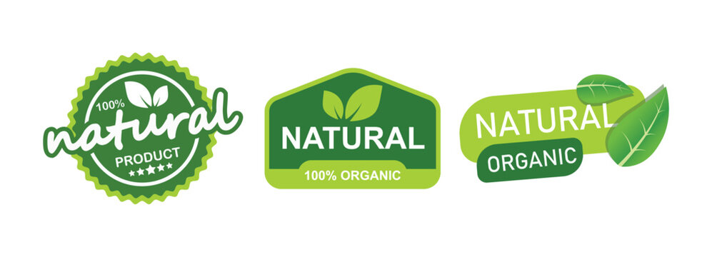 Set of natural food logo design templates, natural organic in green color, isolated seal sticker design.