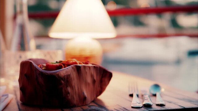 Close up of rustic wooden bowl filled with pasta, dinner setting with cutlery and lamp light.