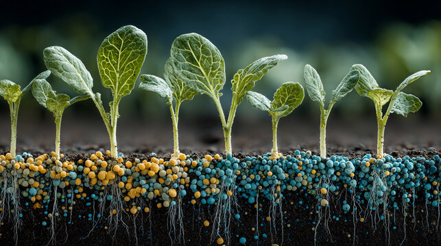 Seedlings growing in soil with biofertilizers, enhancing plant growth