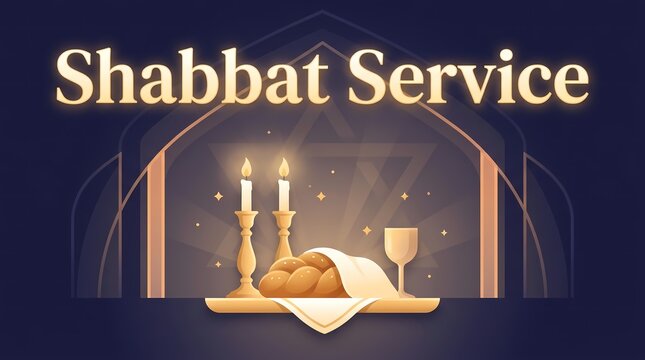 Shabbat service illustration with candles, challah bread, and kiddush cup