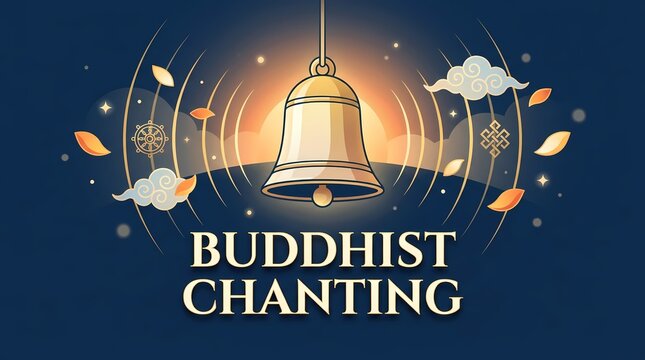 Buddhist chanting illustration with a golden bell, dharma wheel, and endless knot symbol on a dark blue background