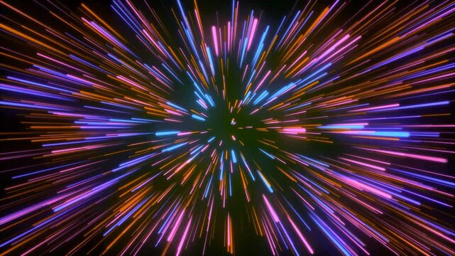 Glowing NEON RAYS motion in SPACE, lightspeed journey through time continuum. 3D ANIMATION with purple pink neon lights. FUTURISTIC and ABSTRACT colorful background. Seamless sci-fi cosmic loop 4K