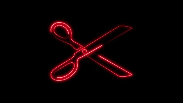 Red neon glowing scissors icon animated on black background loop.