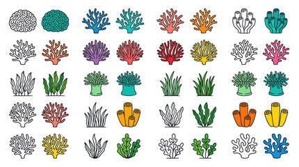 Underwater marine plant and coral reef icon collection in flat style © Maesa