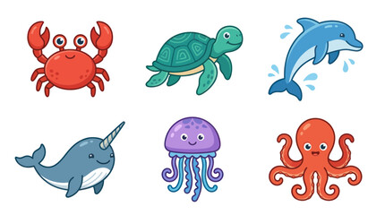 Collection of cute sea creatures including crab turtle and dolphin © Maesa