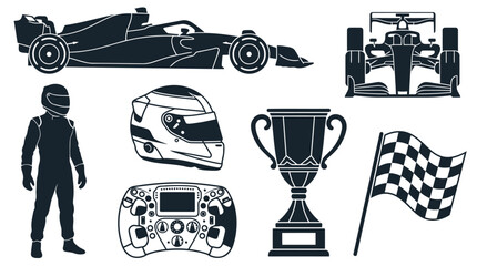 Formula racing elements, including a car, driver, helmet, steering wheel, trophy, and checkered flag, presented in a silhouette style © Sufi 