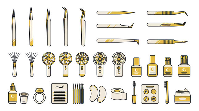 Professional eyelash extension tools and beauty equipment icons