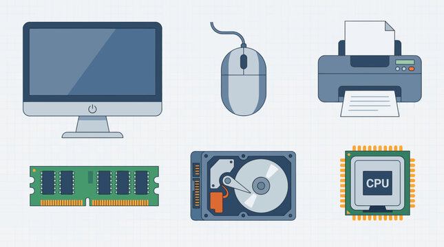 A collection of computer hardware devices on a desk in an office