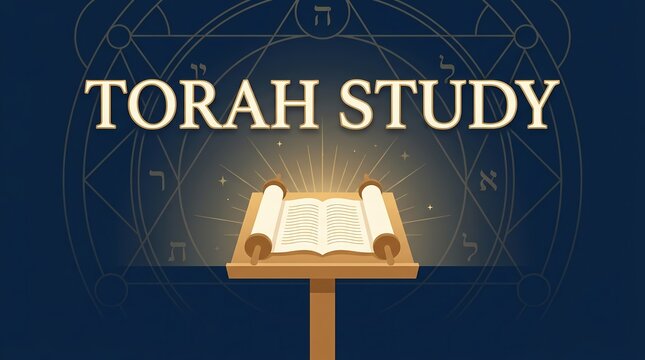 Torah study concept with an open scroll on a wooden lectern against a dark blue background with hebrew letters
