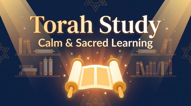 Torah study concept with open scroll and bookshelves in a serene, illuminated setting
