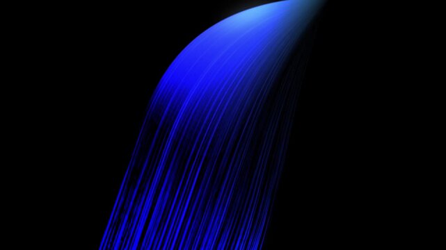 Dark Black Background with a Curved Swath of Bright Blue Light Streaks Falling Downward and Outward
