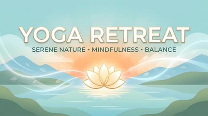 Naklejka premium Yoga retreat banner with lotus flower, mountains and sunrise