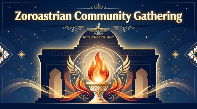 Zoroastrian community gathering event banner with sacred fire and faravahar symbol