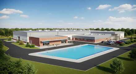 Fototapeta premium Aerial view of a large building with a swimming pool in the courtyard surrounded by trees and a parking lot