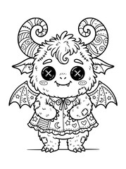 Fototapeta premium Cute cartoon monster with horns and wings wearing a dress coloring page