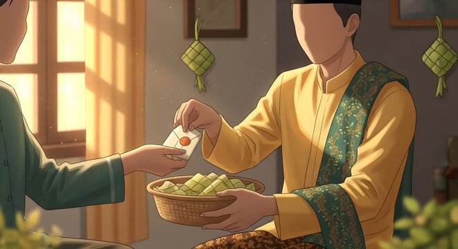 Traditional Eid celebration illustration featuring a man in Baju Melayu attire giving a festive money envelope to a family member
