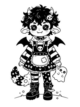 Cute gothic chibi character with horns and bat wings holding a ghost