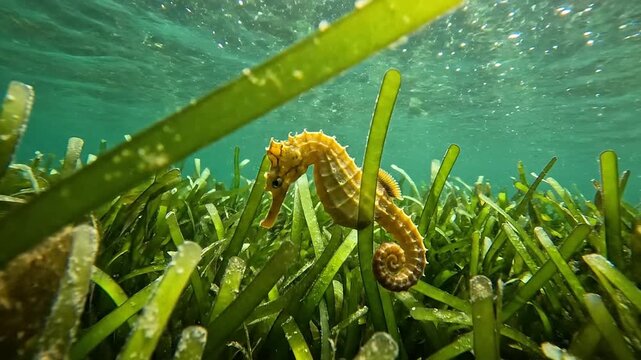 Underwater Seahorse Camouflaged Among Vibrant Eelgrass Blades in a Serene Marine Environment