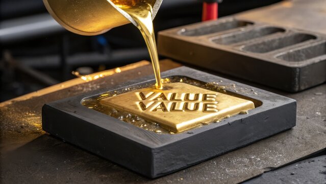 Pouring molten metal into mold with word value demonstrating craftsmanship and quality in metalworking and manufacturing process