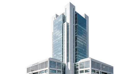 Fototapeta premium A sleek modern skyscraper stands tall amidst smaller office buildings in a bustling cityscape.