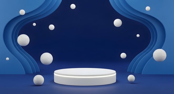 3d render of a product display podium with floating spheres on a blue background